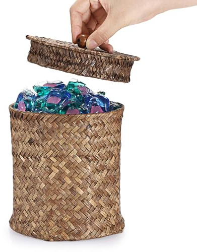 Sumnacon Wicker Laundry Pods Container with Lid, Natural Seagrass Pod Holder for Laundry Room Organization, Farmhouse Detergent Dispenser, Countertop Storage Basket Jars for Dryer Ball Laundry Sheets