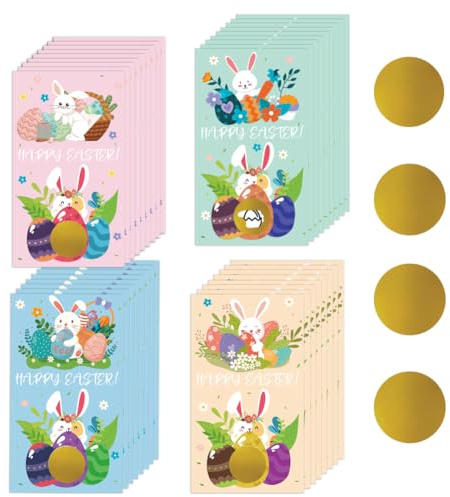 PLIGREAT 120 biglietti pasquali da grattare, con uova in stile cartone animato, con 120 adesivi da grattare, 4 stili, per creare i tuoi certificati regalo da grattare per buona Pasqua, piccole imprese