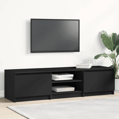 Meuble TV Noir Moderne 140 cm Largeur, Meuble Télévision Bois d'Ingénierie Robuste avec 2 Portes et 2 Tiroirs, Rangement Salon pour Téléviseur jusqu'à 65 Pouces, Design Élégant pour Salle à Manger