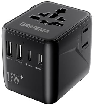 GRIFEMA Adattatore Universale da Viaggio, Caricatore Internazionale 6 in 1 con 2 USB-C, 2 USB-A e 2 Prese AC, Adattatore Presa per Inghilterra (UK), USA, Europa, Australia, Italia, Giappone