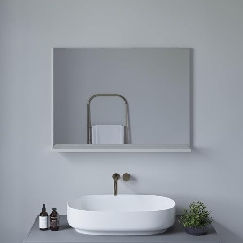 AQUALAVOS Wandspiegel mit Ablage 80x60 cm, Hängespiegel & Badspiegel in Silber Matt mit Aluminiumrahmen, Industriedesign für Badezimmer, Wohnzimmer und Flur, Befestigungsmaterial inklusive