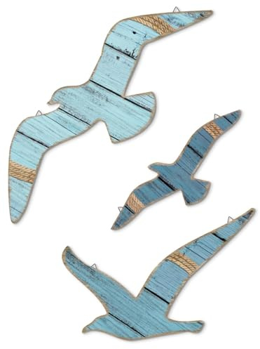Putuo Decor Set de 3 Decoraciones de Pared Gaviotas en Madera, Decoración Náutica Costera para Salón, Dormitorio, Baño