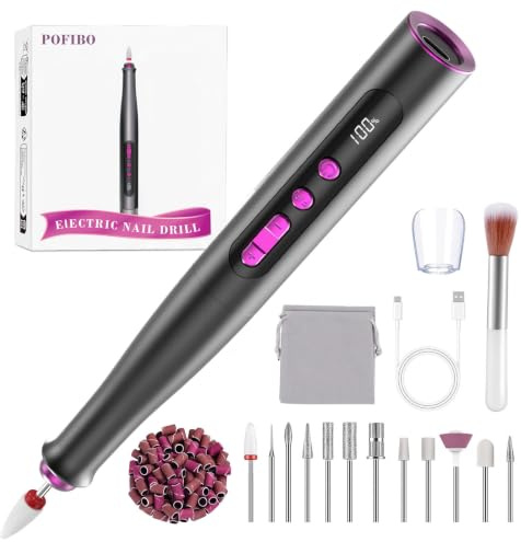 POFIBO Torno para Uñas Profesional Recargable USB-C, Portátil y 13 en 1 | Lima Eléctrica Uñas inalámbrica y silenciosa para gel y acrílicas, Nail Drill con set de manicura y pedicura salón - Gris