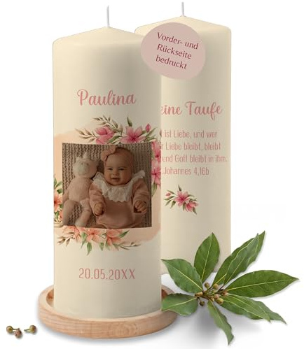 Taufkerze - Meine Taufe Wunschfoto mit Datum - personalisierte Deko Geschenke Taufgeschenk - 230/78 mm - Elfenbein