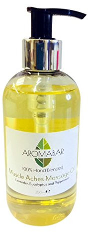 Aromabar Muscle Aches & Pains Massage Oil 250ml with Lavender, Eucalyptus, Peppermint Pure Essential Oils Pre-Blended 100% Natural Ingredients Pump Dispenser Included