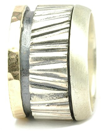 Tiljon Breiter Drehring aus 925er Silber mit beweglicher geriffelter Ringschiene und seitlicher 375er Gold-Verzierung Ringgröße 63 (20.1)