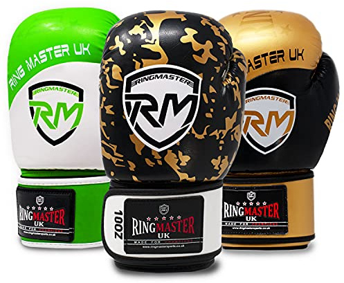 RingMaster Boxing Gloves Bag Punch Focus Mitts Training MMA Sparring Martial Arts kickboxing (Black-Gold Patterned, 10oz)
