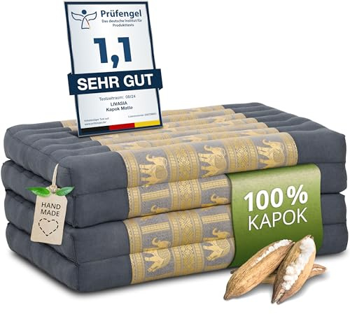 livasia Nachhaltige Klappmatratze aus Kapok - 200x80x8cm - Gästematratze mit Thaiseide, Matratze faltbar für Van, ökologische Yogamatte, Gästebett klappbar, Liege Garten Balkon (Grau/Elefanten Seide)