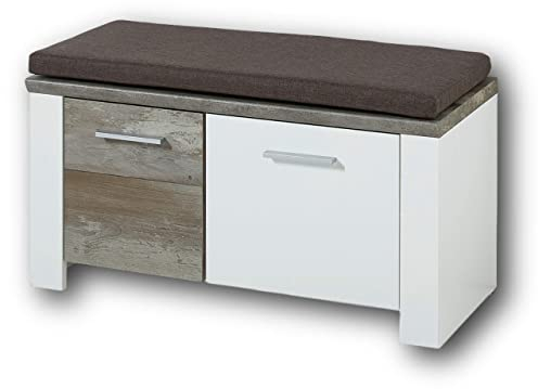 Stella Trading MATEO Schuhbank mit Sitzfläche in Weiß mit Driftwood Optik - bequeme Sitzbank mit Stauraum für Ihren Flur - 90 x 50 x 39 cm (B/H/T)