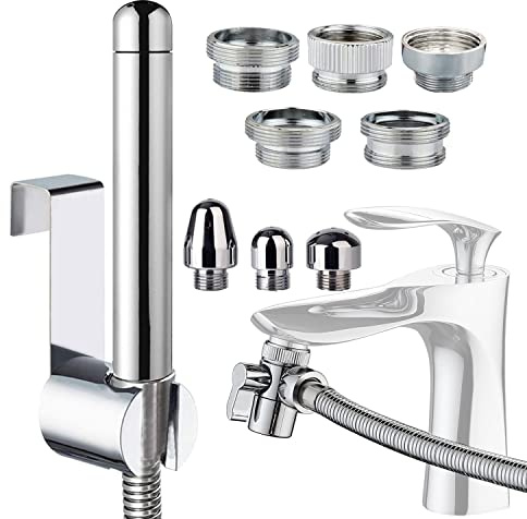 Handbrause mit Wasserhahn-Aufsätzen, 3 Köpfe aus Aluminium – mit Wasserhahn-Splitter, 150 cm Schlauch und Haken für WC oder Wandmontage