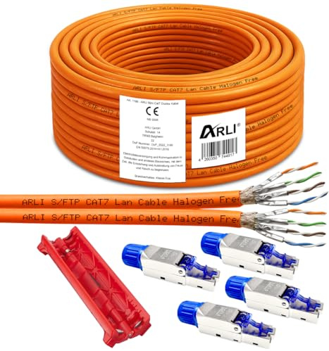 ARLI 50m Duplex Cat7 Verlegekabel + 4x RJ45 Netzwerkstecker Cat8.1 + Kabelmesser S/FTP doppelt geschirmt LSZH halogenfrei Werkzeuglose Montage Ethernet Twin Netzwerkkabel bis zu 10 Gbit/s 1000 MHz