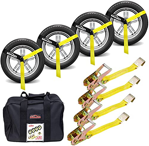 Autofonder Heavy Duty Car Tie Down Straps with Flat Hook-10,000lbs Break Strength-4Pack Tire Ratchet Straps for Trailers,Trucks,UTV