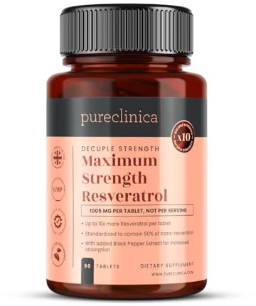 Pureclinica 90 comprimés de resvératrol 1000 mg (approvisionnement de 3 mois), 10 doses avec extrait de poivre noir