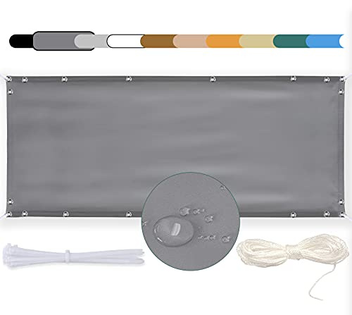 MEEYI Balkon Sichtschutz 70x350cm Balkon seitenmarkise Balkonabdeckung Balkonverkleidung Wind-und UV-Schutz Wetterfest mit Kabelbinder Ösen Seil, für Balkongeländer, Terrasse & Garten Grau
