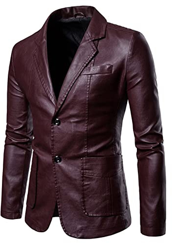 HULKAY Men's Slim Fit Blazer Casual Suit Jackets Single-Breasted Motorbike Leather Suit Formal Business Wedding Dress Coats(Wine,4XL)