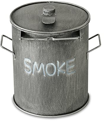 Smoke Outdoor Ashtray, Trashcan Style, Hinged Lid, Removable Interior Tray, 7 D x 7 H Inches, Lacquered Iron, Grey Finish, White Text