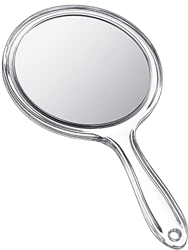 Queekay Miroir Transparent Double Face à Main avec Poignée en Plastique - Grossissant 1x/2x Forme Arrondie pour Maquillage
