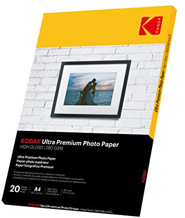 KODAK Papel fotográfico brillante A4, 280 g/m2, 20 hojas para impresoras de inyección de tinta, DIN A4, 20 hojas, papel fotográfico, tarjetas fotográficas, resistente al agua, blanco brillante