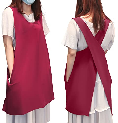 YushengTai Delantal Estilo Japonés Sin Ataduras Tiras Cruzadas Bolsillos Algodón Cocina Repostería Jardinería Pintura Cafetería