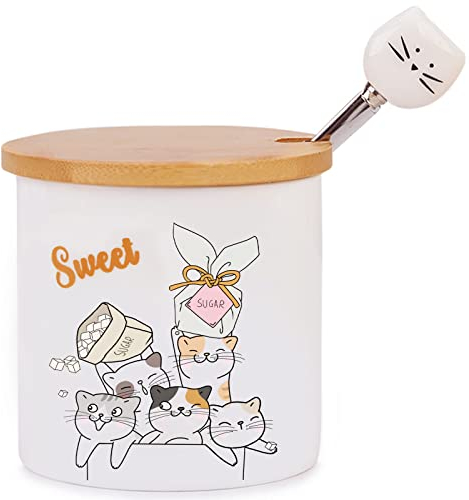 Chase Chic Azucarero, Pequeño Azucarero de Porcelana con Tapa Bambú y Cuchara Cerámic de 8,5oz/240 ml con Patrón de Gato, Apto para Cocina y Desayuno, el Mejor Regalo para Los Amantes de Los Gatos