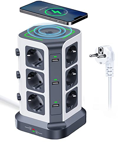 [15W Chargeur sans Fil] KOOSLA Tour multiprise avec Chargeur Induction, 1500 J parafoudre et surtension Multiprise Electrique avec 6 Ports USB et 12 Prises adapté au Salon, Bureau, 2M Cordon