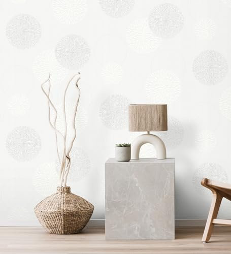 GAULAN 451900 Papier peint géométrique avec cercles et fleurs en relief gris clair pour mur salon cuisine bain chambre couloir meuble stanza salle à - Rouleaux de 10 m x 0,53 m