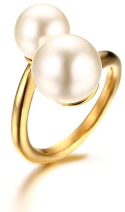 Double Simulated Pearl Wrap Ring: gold plated Stainless Steel Large Statement Ring for Women (gold plated-Size 6)
