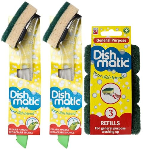 2X Fillable Washing up Brush and Sponge - Easy Grip Dish Cleaner - with 3X General Purpose Brush Sponge Refills