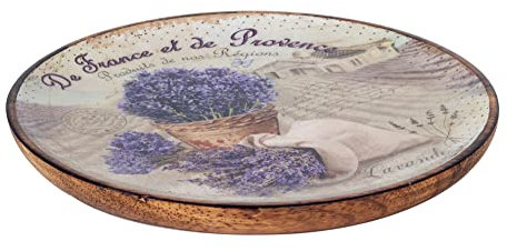 SIGNES GRIMALT Plateau rond en Bois de Manguier : Thème Lavande de Provence. Diamètre 22 cm.