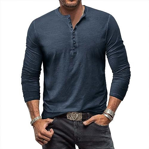 RQPYQF Maglietta da Uomo Manica Lunghe Casuale Henley Shirt Uomo t Shirt Vintage Uomo CS07 Taglia S-XXL (Blu Scuro, S)