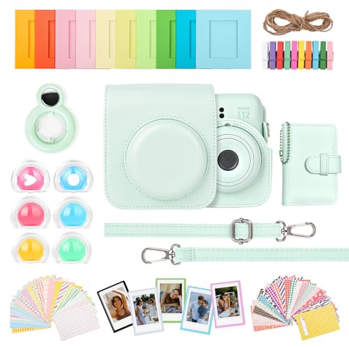 HIYQIN 8 en 1 Housse et Accessoires Compatibles avec Fujifilm Instax Mini 12, Polaroid Instax Mini 12 Album Photo/Cadres/Autocollants/Filtre d'objectif/Miroir Selfie - Vert Menthe