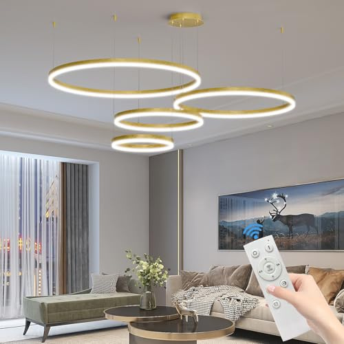 Mikeru Hängelampe 4 Ringe, 30+40+60+80cm Moderne Deckenleuchten Ringe Mit Memory-Funktion 3000k/4500k/6000k LED Deckenleuchte Gold 10%-100% Dimmbarer Deckenlampe Höhenverstellbar Für Esszimmer