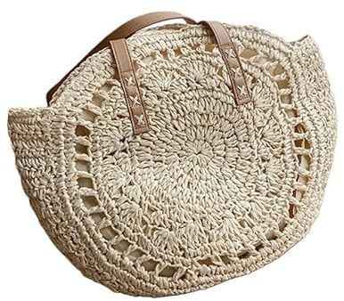 wangfq Korbtaschen Damen Sommer Runde Stroh Tasche for Frauen Hohl Gewebt Reise Strand Tasche Große Kapazität Schulter Tasche Casual Shopping Handtasche Tote Basttaschen Damen Sommer