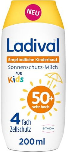 Ladival Crema solare per bambini, latte LSF50+, per pelli sensibili dei bambini, neonati e bambini dai 6 mesi, extra impermeabile, 4 protezioni cellule, 200 ml
