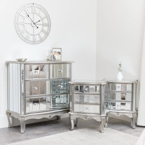 Melody Maison Silver Mirrored Chest of Drawers & Pair of 3 Drawer Bedside Tables - Tiffany Range