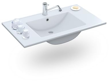 duehome | Lavabo Cerámico Color Blanco, Pila Lavamanos Rectangular, Modelo Volga, Medidas: 81,5 cm (Ancho) x 13 cm (Alto) x 46 cm (Fondo)