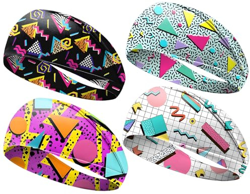 4 Stück Set 80er Jahre 90er Jahre Neon Haarband Set Männer und Frauen Accessoires, Vintage Mode Sporthaarband 90er Jahre Sport elastische Haarband Hip Hop Party Stil Wandern Raden Laufen ﻿