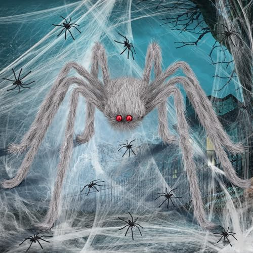 benpen Halloween Decorations Outdoor Gaint Spider:50'' Halloween Spiders Decor Scary Hairy Fake Props for Indoor Outdoor Scary Haunted House Spider Web Cobweb Theme Party Yard (Grey+60g cobweb)