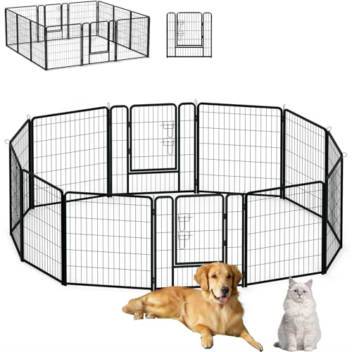 Aufun Freilaufgehege Laufstall DIY, Welpenauslauf faltbares Tierlaufstall je 80 x 80cm, Automatische Verriegelung, Laufgitter Welpenfreigehege mit Tür für Hunde, Kaninchen, Kleintiere, 12-Gitter