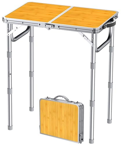 FUNYKICH Tavolo Pieghevole Multifunzionale 58x40 cm,3 Altezze Regolabili(26/48/70 cm) in Alluminio, Piano in MDF,Tavolo da Spiaggia Balcone e Pesca,Con Maniglia di Trasporto, Portatile