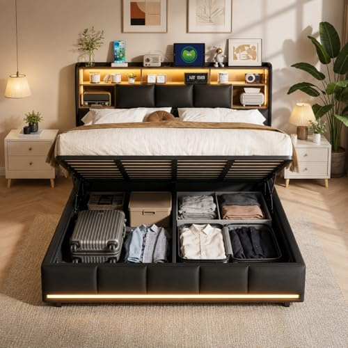 PerGar Polsterbett 160x200 mit USB-LED-Kopfteil, Doppelbett mit Bettkasten, Jugendbett Hydraulisch Bett mit Stauraum, Stauraumbett Bettgestell mit Lattenrost, PU, Ohne Matratze, Schwarz