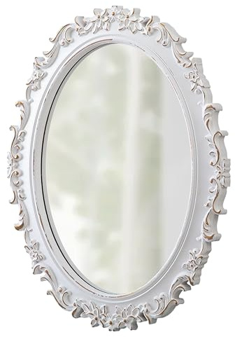 Sintosin Vintage Spiegel Oval Holzrahmen 54 x 41 cm, Barock Dekorative Wandspiegel Weiß, Rustikaler Hängespiegel für Wanddeko, Horizontal oder Vertikal