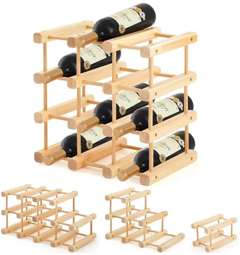 Wooden Wine Rack for 12 Bottles, 4Tier Freestanding Bottle Holder Organizer | Natural Wood, Space-Saving 29.5x29.5x23cm, Expandable & Stackable, for Kitchen, Bar, Cellar
