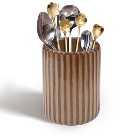Yitexin Cooking Utensil Crock Cup Organizer, Vintage Countertop Utensil Holder Kitchen for Counter Cutlery Coffee Stirrer Spoon Bar Fork Spatula Home Storage Container Brown (Brown)