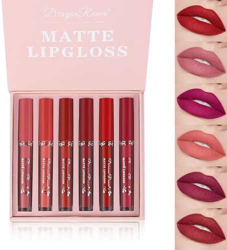 MTUVKGT Lot de 6 Brillants à Lèvres Mat, Ensemble de Rouge à Lèvres Liquide Nude Longue Durée, Ensembles de Rouge à Lèvres non Collants, Maquillage pour Les Lèvres Imperméable (02B)