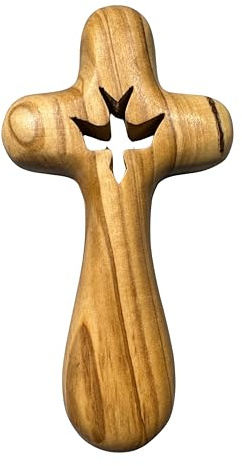 FROM THE HOLY LAND Handmade Olive Wood Cross Handheld Wooden Cross with Heart, Fish or Holy Spirit (Dove) Design – Includes Authenticity Certificate (Holy Spirit (Dove))