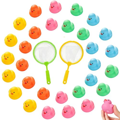 Rubber Ducks - 30Pcs Multicolor Bath Floating Ducks with 2 Fishing Nets, Water Play Set for Bath & Swimming, Rubber Ducks Multipack Vibrant Ducks