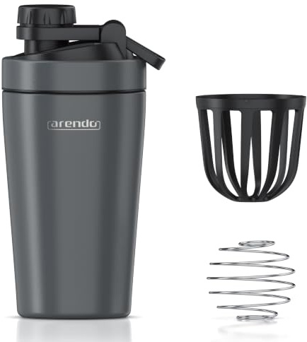 Arendo - Eiweiß Shaker Edelstahl 500ml, Protein Shaker mit Mixkugel, BPA frei, Mixbecher, Metall Premium Eiweißshaker, Tragegriff, Spülmaschinengeeignet, To Go für Yoga Fitness Sport, Cool grey