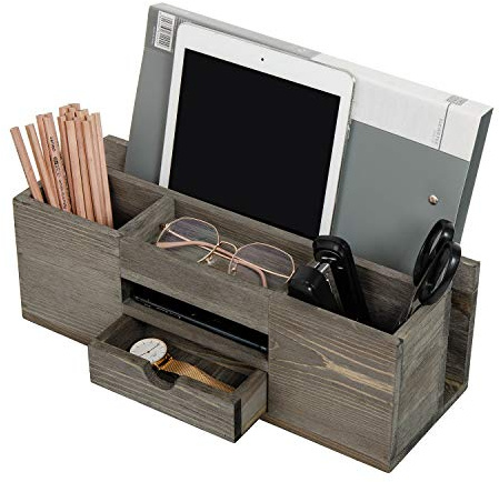 Liry Products Brown Wooden Desktop Organizer Multiple Compartments Rack Shelf Drawer Tabletop Wood Storage Cabinet Office Supplies Caddy Document Stationery Holder Accessory Sorter Vanity Home