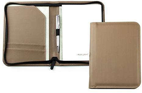 DELMON VARONE - Personalisierbare Schreibmappe DIN A5 „EcoAppleLeather“ Braun, Recycling Öko Apfelleder Konferenzmappe mit Notizblock, Stiftschlaufe & Steckfächer, Besprechungsmappe mit Reißverschluss